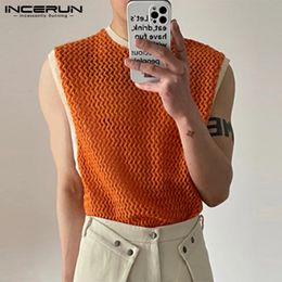 Men Tank Tops Patchwork Mesh Transparent Lace Streetwear O-neck Sleeveless Vests Sexy Fashion Men Clothing S-5XL INCERUN 7 240425