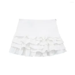 Skirts TRAFZA Women's Summer Vintage White High Waist Ruffle Skirt Woman 2024 Fashion Zipper Folds Slim Sweet Mini Mujer