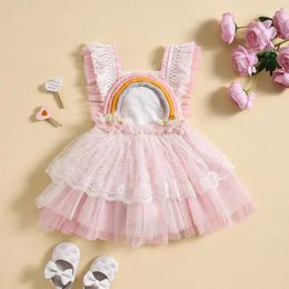 Girl's Dresses Baby girl tank top sleeveless square neckline rainbow patch pleated princess laminated mesh dressL240508