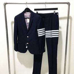Men's Suits Blazers Classic style TB mens white four bar red and blue striped woven belt set jacket+pants business casual two-piece trend Q240507