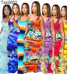 Women Dress Designer Sexy Long Sleeve V Neck Stripe Tie Dye Pattern Printed Midi Dresses Ladies Long Hip Skirt 45 Colours1857035