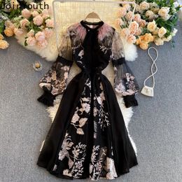 Casual Dresses Elegant For Women Vintage Fashion Robe Femme 2024 Vestidos De Mujer O-neck Patchwork Gauze Embroidery Maxi Dress 7n389