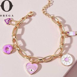 Chain Obega Pink Ice Cream Doughnut Heart Charm Bracelet Girl Evil Eye Charm Korean Chain Bracelet Cute Purple Epoxy Jewellery J240508