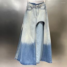 Skirts Niche Design High Waist Gradient Color Overknee Long Skirt Women's Clothing 2024 Summer Asymmetric Hollow Split Denim
