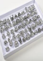 Whole 50pcsLots Vintage Punk Animal Mix Owl Tiger Dragon Eagle Etc Style Antique Silver Personality Jewelry Rings For Men Wom4347259