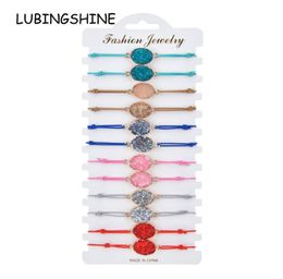 Boho 12pcsSets Elastic Natural Stone Druzy Oval Charms Bracelet Women Girl Kids Adjustable Rope Chain Crystal Wristband Jewelry3029507