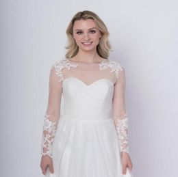 Elegant White Lace Long Sleeves Wedding Bolero Wrap Appliques Custom Made Cheap Bridal Jacket Cape Jewel Neck5995244