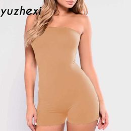 Women's Jumpsuits Rompers YUZHEXI Strapless Bodycon Playsuit Solid Khaki Women Fleece Off Shoulder Short Jumpsuit Casual Streetwear Slim Body Suit Y2K d240507