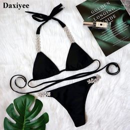 Women's Swimwear Luxury Rhinestone Bikini Women Solid Black White Bandage Sexy Crystal High Cut Bathing Suit 2024 Micro Thong Swimsuit