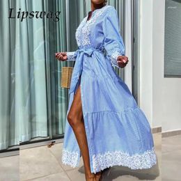 Casual Dresses Chic Ladies Striped Printed Lace-Up Long Dress Fashion 2024 Sleeve Cardigan Vintage Jacquard Lace Commuter