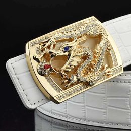 Belts High quality Chinese style dragon golden buckle white belts mens fashion genuine leather famous 3.3cm waist belt casual cowhide Y240507