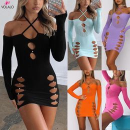 Casual Dresses VOLALO Women Bodycon Dress Party Hanging Neck Spring Fall Wrapped Cutout Clubwear Mini 2024