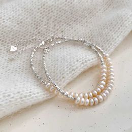 Bangle 2024 New S925 Sterling Silver Double Layer Pearl Bracelet for Women Girl Design Bead Korean Jewellery Dropshipping Charm Bracelet