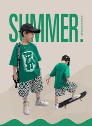 Clothing Sets Summer Boys Cotton Cartoon Short-Sleeved Tee Tops Drawstring Shorts Workout Set School Kids Tracksuit Child 2PCS Outfit 3-14