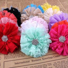 Decorative Flowers 200pcs/lot 7CM 15 Colours Arrival Handmade Tulle Frayed Fluffy Fabric Artificial Flower With Shiny Alloy Rhinestone Button