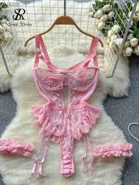 Sexy Pyjamas SINGREINY Shapewear Lace Lingerie Bodysuits Women Hollow Out Transparent Slim Sensual Rompers Hotsweet Erotic Sheer Playsuits WX