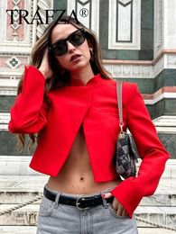 Women's Jackets TRAFZA 2024 Women Fashion Cropped Red Jackt Covered Button Stand Collar Long Sleeve Suit Coat Blazer Spring Female Outerwear
