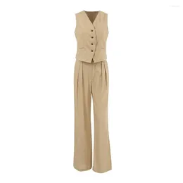 Women's Two Piece Pants Workwear Outfit Women Two-piece Suit Sleeveless V-neck Vest Straight Trousers Set With Elastic Waist Side For Daily