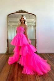 Party Dresses Women High Low Strapless Tulle Homecoming With Teens Lace Appliques Sheer Corset Evening Gown Tiered Ruffles Wedding Guest