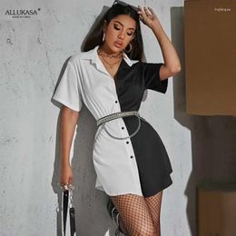 Women's Blouses Women Mini Dress Patchwork With Button Loose Solid Streetwear Gothic Short Sleeve Dresses Modis Party Outfits Tops