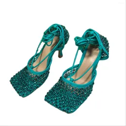 Dress Shoes Sexy Cross Tied Mesh Sandals Women Square Toe Crystal Party High Heels Designer Green Lace Up Sandal Woman Zapatos Mujer