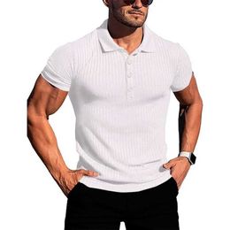 Men's Polos Mens sports and fitness clothing summer high elasticity vertical stripe short sleeved polo shirt slim knit bottom Q240508