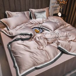 Summer Duvet Cover Set Washed Silk Home Linens Cool Bedclothes Luxury Embroidery Bedding Fitted Sheet Imitation Tencel 240508