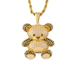 INS Hip Hop Necklace 18k Gold Plated Full CZ Bear Pendant Necklace with Rope Chain Necklace for Men Women Gift2642613