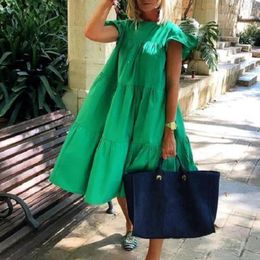 Casual Dresses Female Dress Elegant Summer Midi With Sleeve Ruffle Stitching Swing Hem Party Solid Colour Oversized For Women