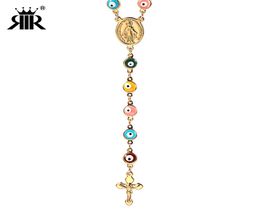 RIR Jesus Christ Cross Evil Eye Bead Catholic Religious Rosary Long Crucifixes Necklace Stainless Steel Men Women1827188