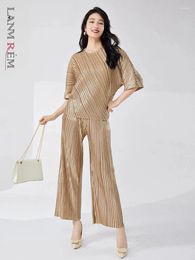 Women's Pants LANMREM Pleated Sequin Two-piece Set For Women O-neck Half Sleeves Solid Colour Tops With Casual 2024 Summer 2Z1368