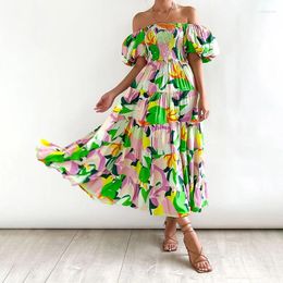 Casual Dresses Elegant Floral Prints Long Summer Sexy Backless Slash Neck Elastic High Waist Short Puff Sleeve Skinny Midi Dress