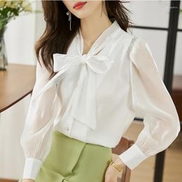 Women's Blouses Chiffon Blouse Women Long Sleeve Ribbon Elegant For Korean Fashion Shirts And 2024 Spring Clothing