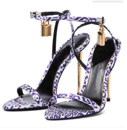 24S Elegant Brand Sandal Pointy Toe Padlock Lock 105mm Gold Heels Bicolor Ankle-Strap Sandals Naked Leather Pop Heel Sandals 35-43