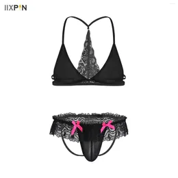 Bras Sets Mens Lingerie Suit Sissy Crossdresser Costume Unlined Bra Top With Lace Bowknot Open BuJockstrap Thongs Underwear Nightwear