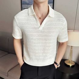 Men's Polos Mens knitted V-neck polo shirt 2024 summer new breathable hollow solid Colour casual short sleeved mens clothing Q240508