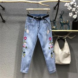 Women's Jeans 3XL Plus Size Korean Fashion Flower Embroidery Denim Women High Waist Harem Pants Casual Summer Retro Trousers C504