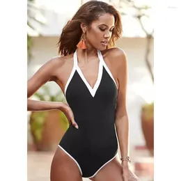 Women's Swimwear Halter One Piece Swimsuit Sexy High Waist Backless Colour Block Monokini 2024 Summer Bathing