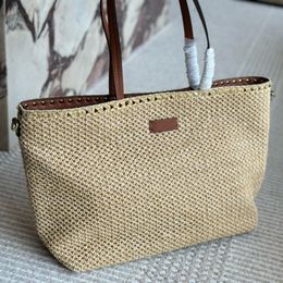 Large Capacity Straw Woven Shopping Bag Women Tote Bags Gold Hardware Buckle Woven Handbag With Purse Leather Handle High Quality Lady Beach Bag