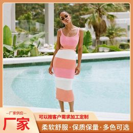 Women Beachwear Swimsuit Cover Up Dress For 2024 Elegant Colourful Stripes Colour Backless Strap Knitted Sexy Print Cotton Long