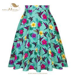 Skirts SISHION High Waist Green Flowers Printed and Birds 50s 60s Retro Skirt VD0020 Womens A-Line Jupe Steampunk SkirtsL2405