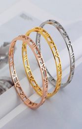 2014 fashion silver roseyellow gold 316L stainless steel hollow roman numbers cuff bracelet jewelry for women2072940