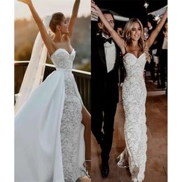 Casamento destacável Lindos vestidos de sereia de trem com apliques de coração de renda lacta vestidos de noiva chiques