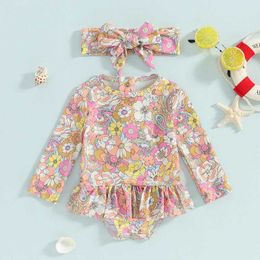 One-Pieces Baby Girl 1-Piece Swimsuit Rash Guard Toddler Infant Zipper Long Sleeve Swimwear+Hat Bathing Suit Swimwear H240508