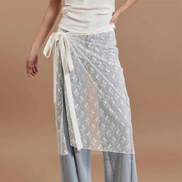 Skirts Womens Y2k lace leather cover floral lace transparent mesh extension layer half slider leather cover Sarong packaging leather pantsL2405