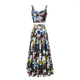 Work Dresses Chiclady Floral Pattern Two Pieces Set Short Camisole Tops Maxi Long Skirts Fashion Clothing Holiday Boho Suits Vintage