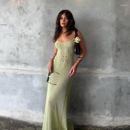 Casual Dresses Knitted Sexy Hollow Out Maxi Dress For Women Green Spaghetti Strap Backless Female Skinny Elegant Party Beachwear