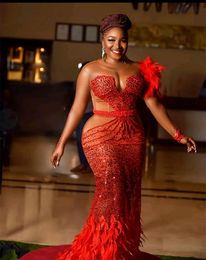 Red Sequined Sparkly Mermaid Prom Dresses Feathers Floor Length Long Sleeves Graduation Party Dress Crystals Beading Chic Evening Gowns For Black Girls 2024