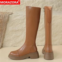 Boots MORAZORA 2024 Genuine Leather Women Square Heels Zipper Knee High Platform Brown Black Ladies Motorcycle