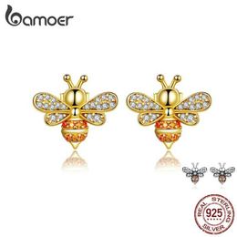 Stud BAMOER Baby Bee Earrings Womens Fashion Crystal 925 Sterling Silver Jewelry Anti Allergy SCE344 Q240507